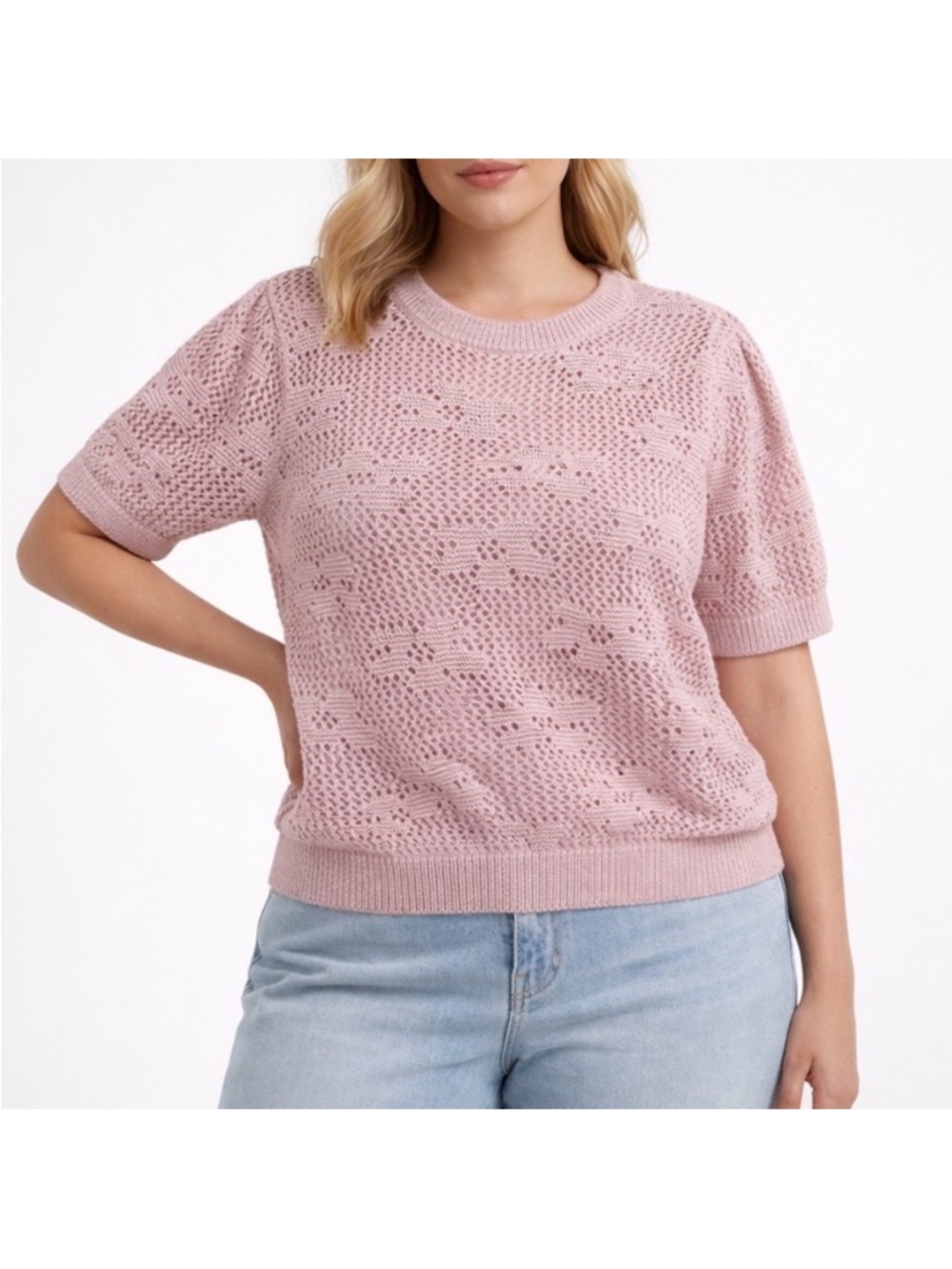 NWT Lucky Brand Dusty Rose Floral Crochet Open Knit Short Sleeve Sweater XXL